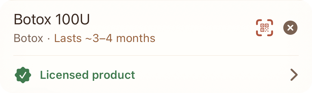 Product field showing Botox 100U, lasts about 3 to 4 months, with a green Licensed product badge