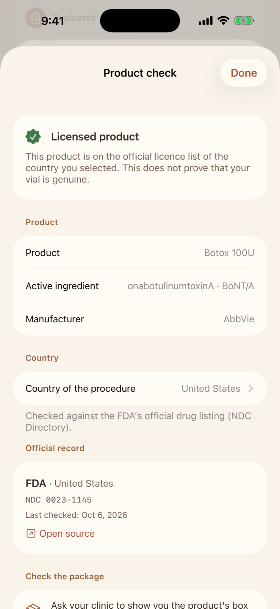 Ruyana Product check showing Botox 100U as a licensed product, checked against the FDA's NDC Directory